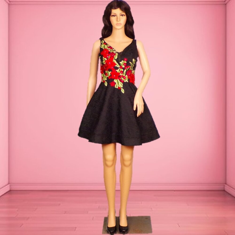 LUCCI LU size 8 black + multicolor floral embroidery fit/flare party dress